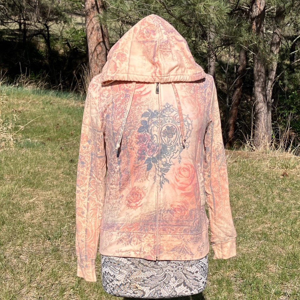 Peach Floral Zip-Up Hoodie. Size S